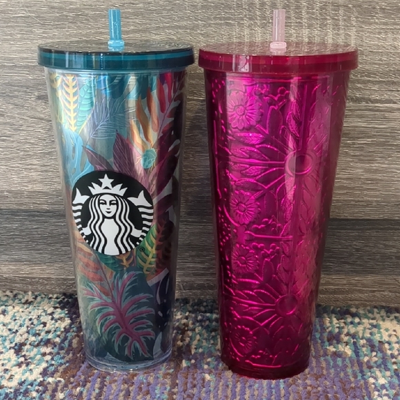 Starbucks Accessories - 🐿️🐿️Pair Of Starbucks Multicolor Tropical & Metallic Fuchsia Reusable Tumblers